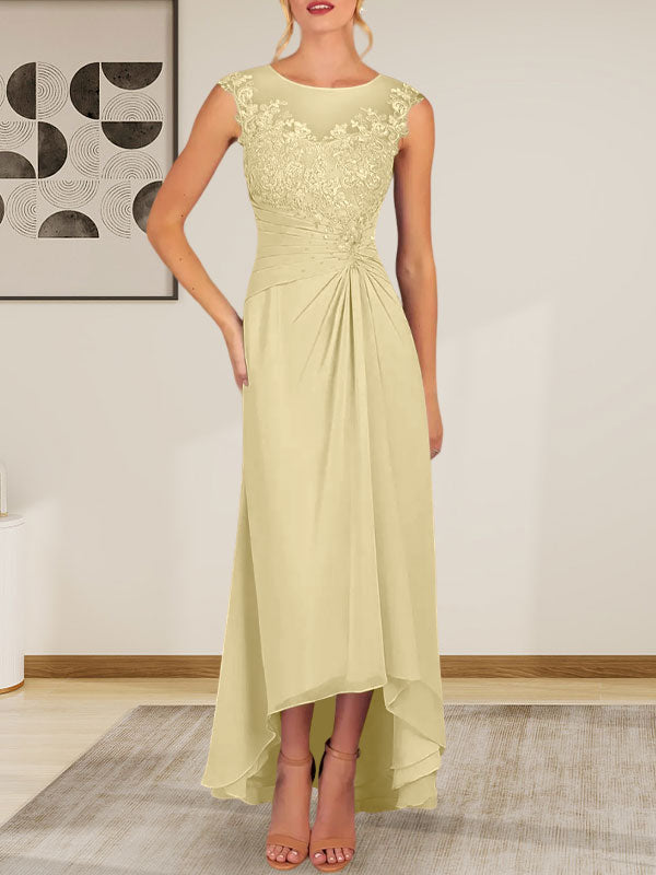 Champagne A-Line Scoop Lace Chiffon Dress