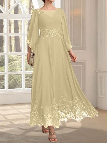A-Linie, U-Ausschnitt, Illusion, knöchellang, Spitzen-Chiffon, Kleid für die Brautmutter mit Pailletten 