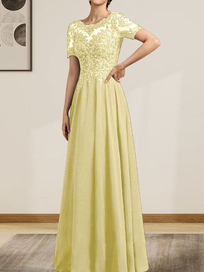 A-Linie U-Ausschnitt Illusion Bodenlang Chiffon Spitze Mutter der Braut Kleid mit Pailletten Perlen