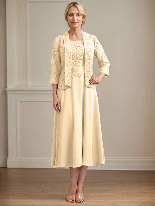 A-Linie U-Ausschnitt Wadenlang Chiffon-Kleid für die Brautmutter 