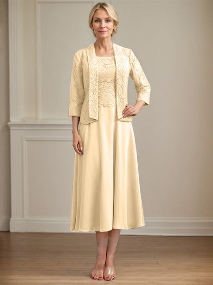 A-Linie U-Ausschnitt Wadenlang Chiffon-Kleid für die Brautmutter 