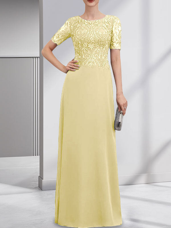 Robe de mère de la mariée en dentelle et mousseline, longueur au sol, en ligne A, décolleté en U, ornée de paillettes