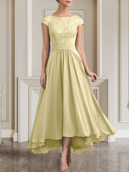 A-Linie U-Ausschnitt Bodenlang Spitzen-Chiffon-Kleid für die Brautmutter mit Pailletten