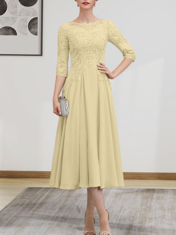 A-Linie, U-Ausschnitt, Illusion, knielang, Chiffon, Spitze, Kleid für die Brautmutter mit Perlen und Pailletten