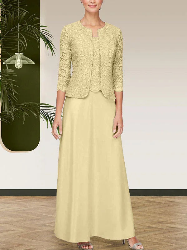 فستان مع جاكيت تنورة من الدانتيل اللامع والساتان مع جاكيت مفتوح