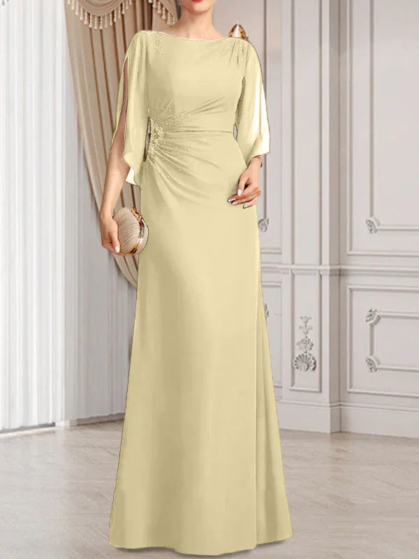 Vestido de madrina de novia de gasa largo hasta el suelo con corte columna y fajín plisado con cuentas