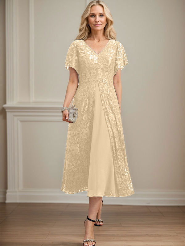 A-Linie V-Ausschnitt Wadenlanges Chiffon-Kleid für die Brautmutter 