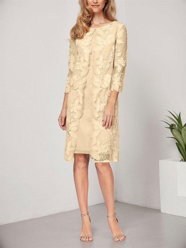 A-Linie U-Ausschnitt Knielang Chiffon Spitze Kleid für die Brautmutter mit Jacke 