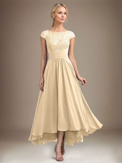 A-Linie U-Ausschnitt Illusion Asymmetrische Spitze Chiffon Mutter der Braut Kleid Mit Plissee 