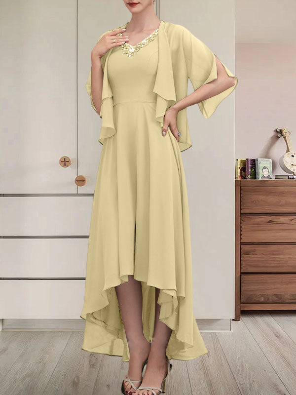 Vestido de gasa asimétrico para madre de la novia con escote en V, corte A y lentejuelas con abalorios