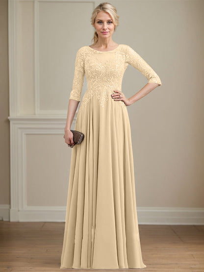 A-Linie, U-Ausschnitt, Illusion, bodenlanges Spitzen-Chiffon-Kleid für die Brautmutter mit Pailletten 