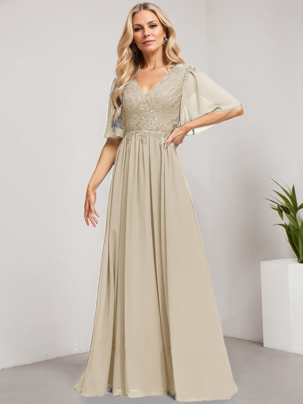 A-Linie V-Ausschnitt Bodenlanges Spitzen-Chiffon-Kleid für die Brautmutter mit Pailletten 