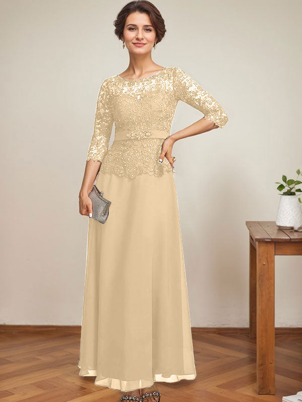 Robe de mère de la mariée en dentelle en mousseline, longueur cheville, coupe trapèze, décolleté illusion en forme de goutte, ornée de perles en strass