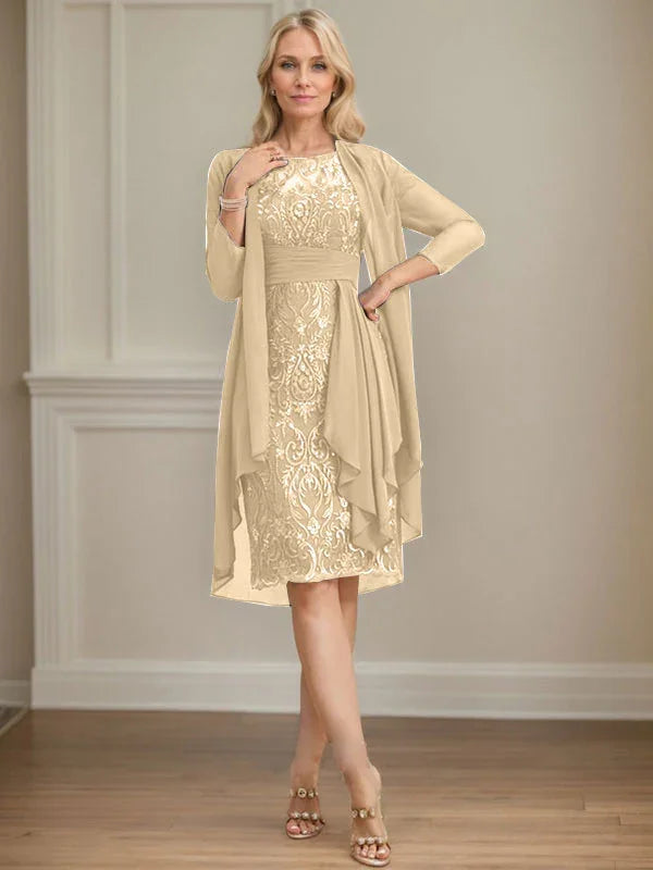 Abito da madre della sposa in pizzo e chiffon con gonna a colonna a effetto illusion fino al ginocchio, con balze a cascata e paillettes