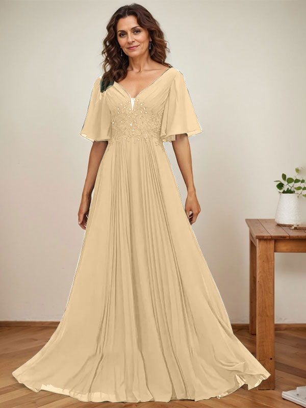 A-Linie V-Ausschnitt Bodenlang Chiffon Mutter der Braut Kleid Mit Pailletten Applikationen Spitze Plissee 