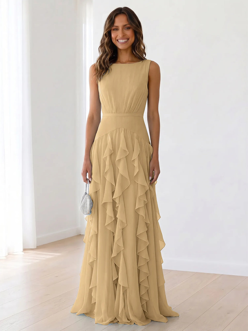Sky Blue Tiered Chiffon Evening Maxi Dress With Ruched Bodice
