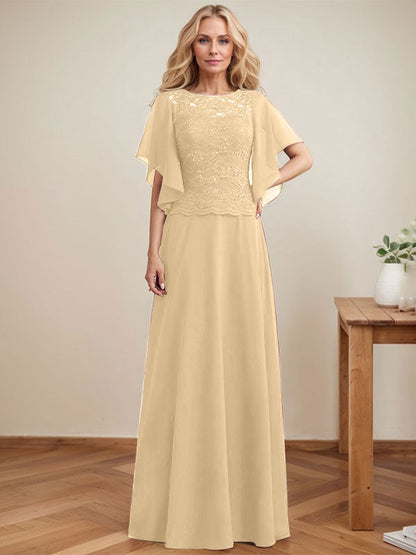 A-Linie, U-Ausschnitt, Illusion, bodenlanges Spitzen-Chiffon-Kleid für die Brautmutter mit Pailletten 