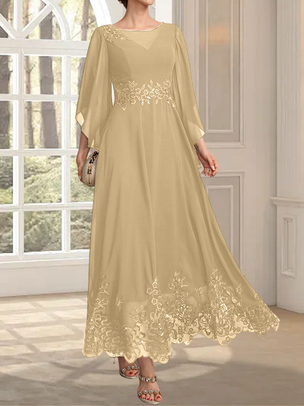 Robe de mère de la mariée en mousseline de soie à dentelle, longueur cheville, illusion décolleté en forme de A, ornée de paillettes