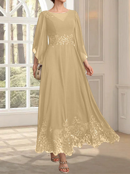 A-Linie, U-Ausschnitt, Illusion, knöchellang, Spitzen-Chiffon, Kleid für die Brautmutter mit Pailletten 