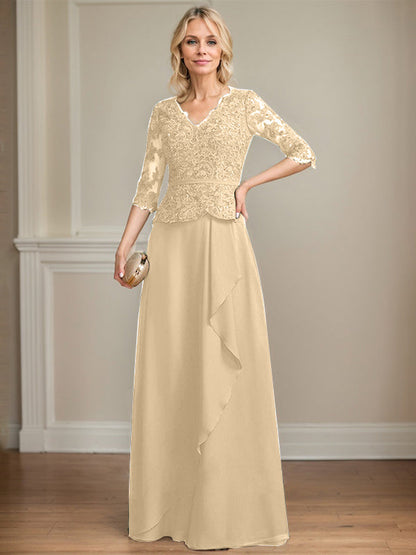 Vestido de madre de la novia de gasa con encaje, escote en V, largo hasta el suelo, con volantes en cascada y lentejuelas 