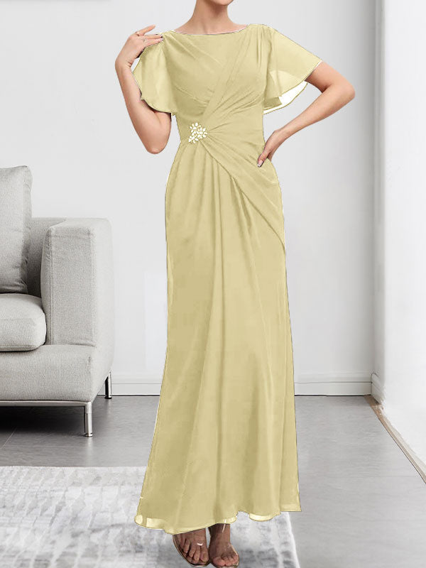 Robe de mère de la mariée en mousseline, longueur cheville, en ligne A, encolure dégagée, ornée de perles et plissée