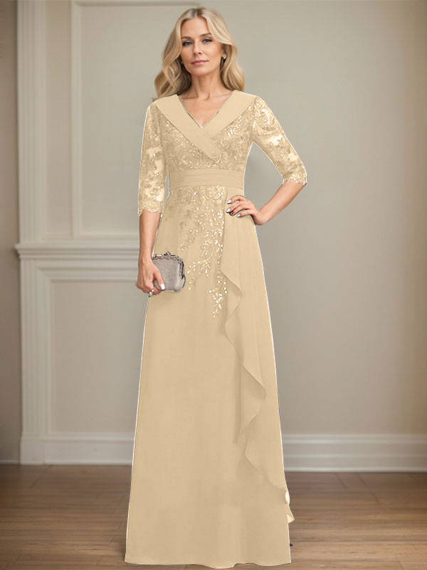 Robe de mère de la mariée en mousseline de soie à col en V, longueur au sol, ligne A, avec dentelle, paillettes et volants en cascade