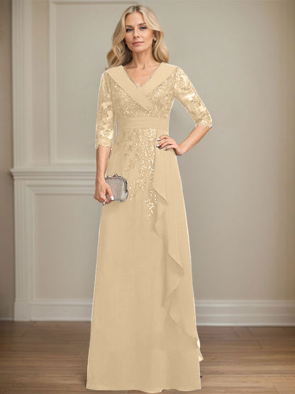 Vestido de madre de la novia de gasa con encaje, escote en V, corte A y largo hasta el suelo, con lentejuelas y volantes en cascada 