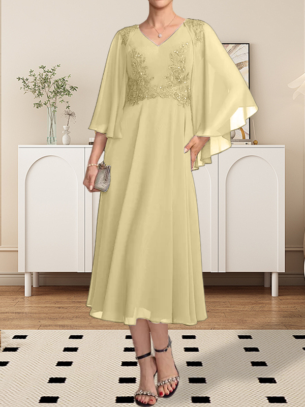 A-Linie, V-Ausschnitt, knielang, Chiffon, Spitze, Kleid für die Brautmutter mit Perlen und Pailletten