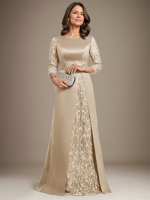 A-Line Scoop Floor-Length Lace Satin Mother Of the Bride Dress With Applique