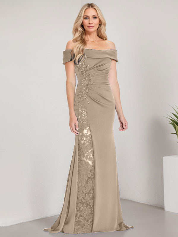 Robe de mère de la mariée longue jusqu'au sol, ligne A, épaules dénudées, appliques et perles, robe sirène avec fente haute