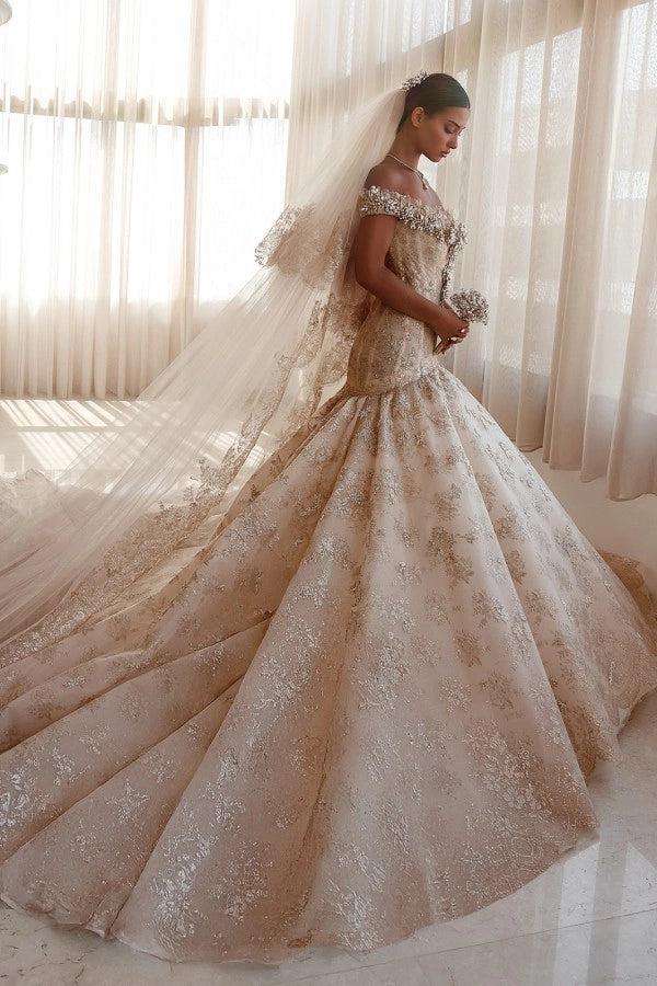Champagne Glitter Lace Ball Gown Wedding Dress Off The Shoulder Cap Sleeve