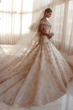 Champagne Glitter Lace Ball Gown Wedding Dress Off The Shoulder Cap Sleeve