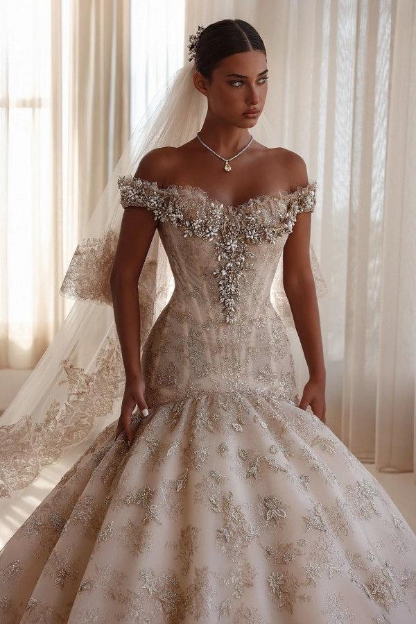 Champagne Glitter Lace Ball Gown Wedding Dress Off The Shoulder Cap Sleeve