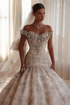 Champagne Glitter Lace Ball Gown Wedding Dress Off The Shoulder Cap Sleeve