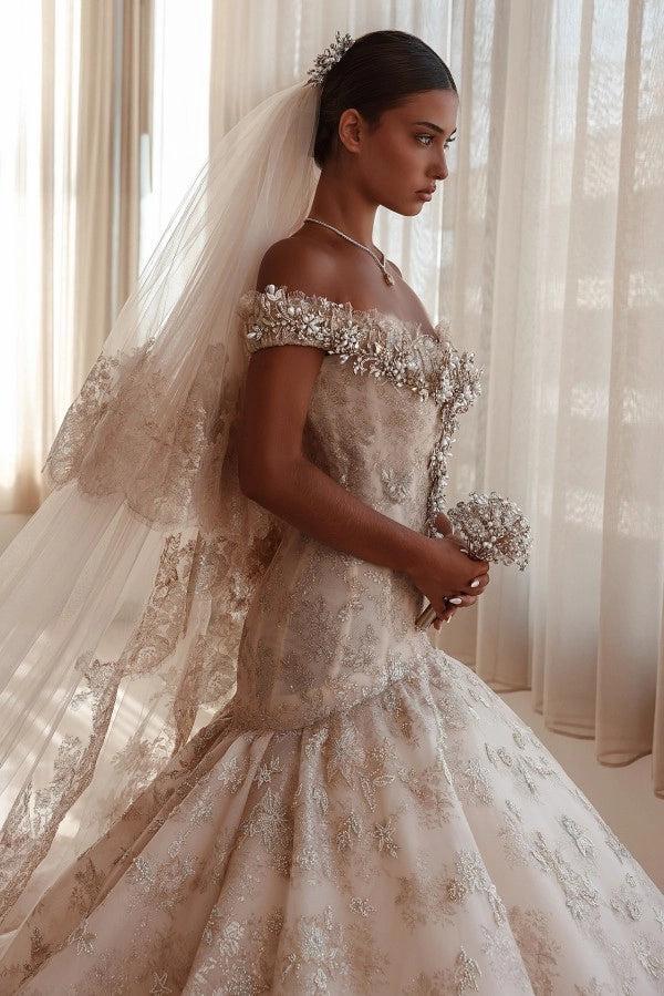 Champagne Glitter Lace Ball Gown Wedding Dress Off The Shoulder Cap Sleeve