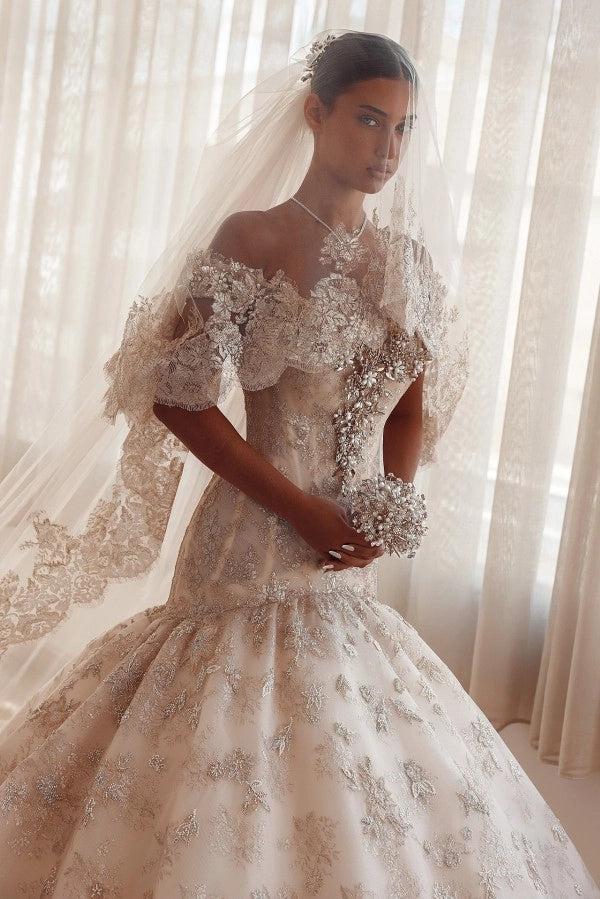 Champagne Glitter Lace Ball Gown Wedding Dress Off The Shoulder Cap Sleeve
