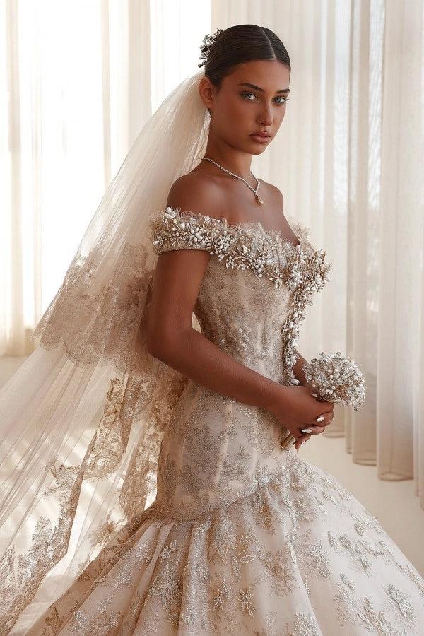 Champagne Glitter Lace Ball Gown Wedding Dress Off The Shoulder Cap Sleeve