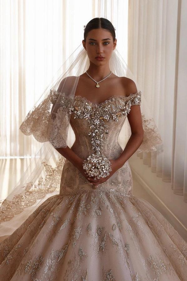 Champagne Glitter Lace Ball Gown Wedding Dress Off The Shoulder Cap Sleeve