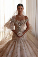 Champagne Glitter Lace Ball Gown Wedding Dress Off The Shoulder Cap Sleeve