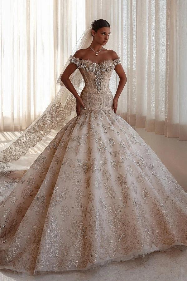 Champagne Glitter Lace Ball Gown Wedding Dress Off The Shoulder Cap Sleeve