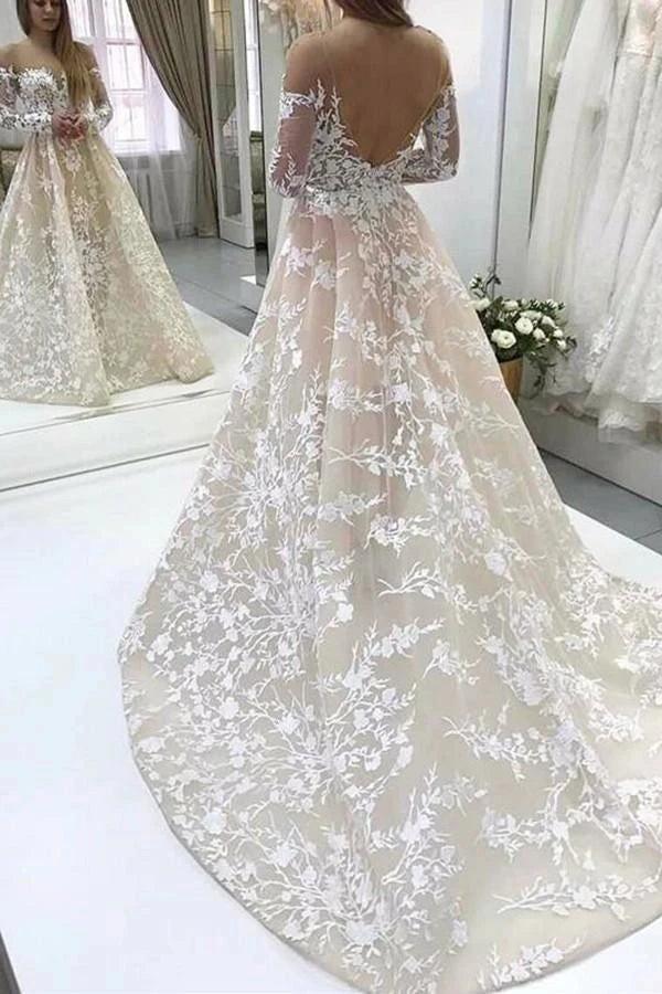 Champagne Off Shoulder Lace Wedding Dress With Floral Embroidery Chapel Train