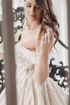 Champagne Satin Ball Gown Wedding Dress Off The Shoulder 3D Floral Lace