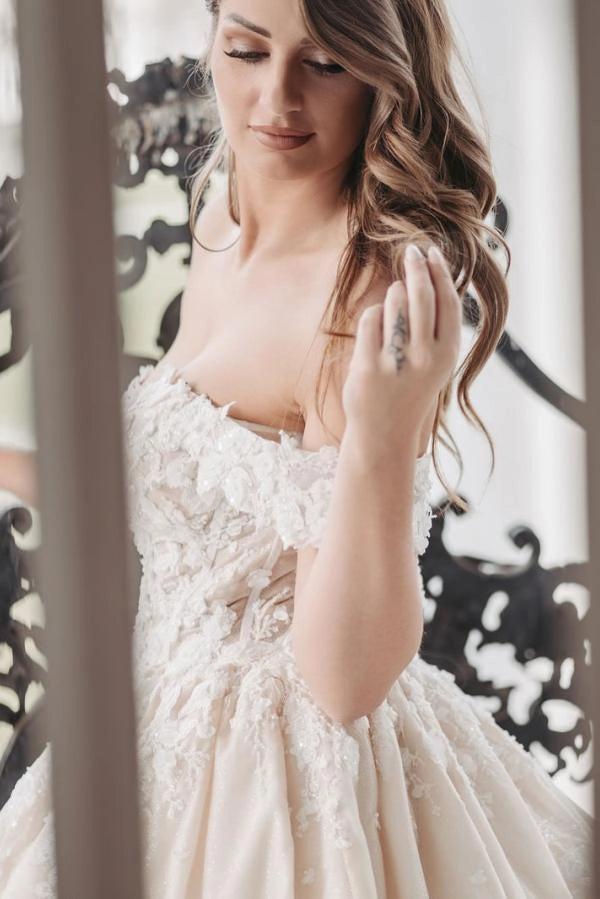 Champagne Satin Ball Gown Wedding Dress Off The Shoulder 3D Floral Lace