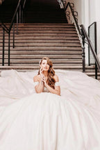 Champagne Satin Ball Gown Wedding Dress Off The Shoulder 3D Floral Lace
