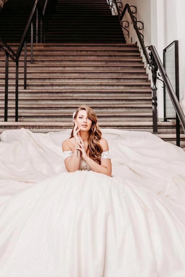 Champagne Satin Ball Gown Wedding Dress Off The Shoulder 3D Floral Lace