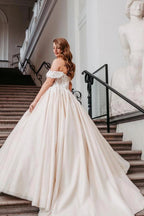 Champagne Satin Ball Gown Wedding Dress Off The Shoulder 3D Floral Lace