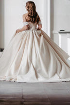 Champagne Satin Ball Gown Wedding Dress Off The Shoulder 3D Floral Lace