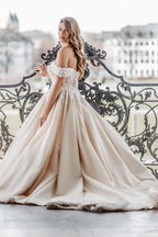 Champagne Satin Ball Gown Wedding Dress Off The Shoulder 3D Floral Lace