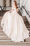 Champagne Satin Ball Gown Wedding Dress Off The Shoulder 3D Floral Lace