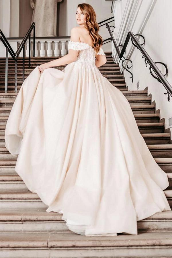 Champagne Satin Ball Gown Wedding Dress Off The Shoulder 3D Floral Lace
